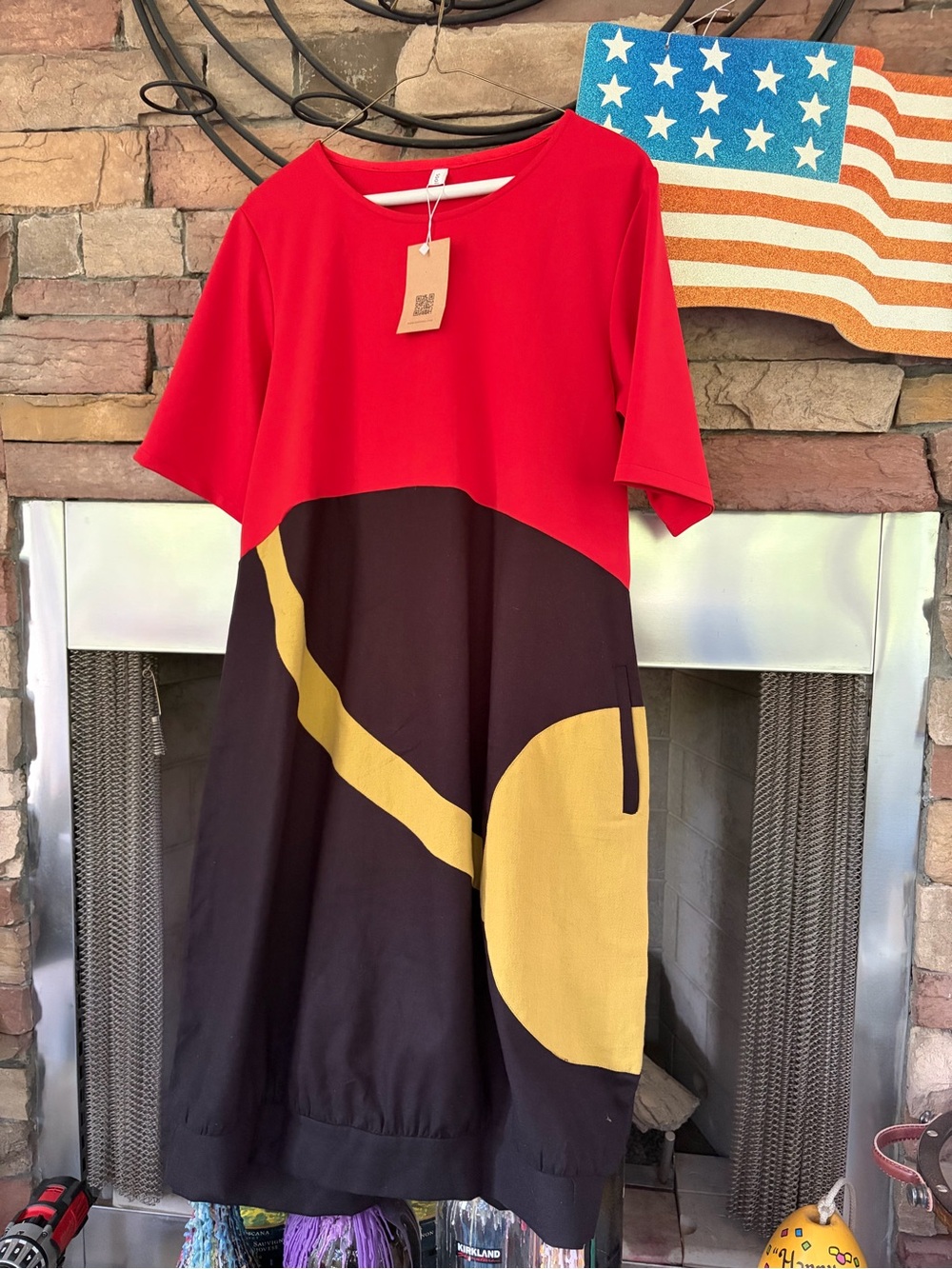 Red & Black Colorblock Midi Dress with Yellow Accent